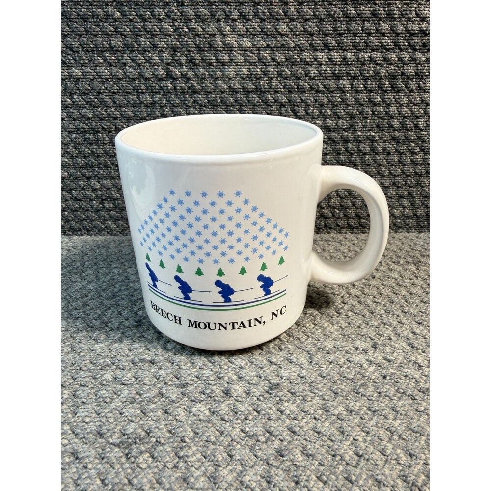 Beech Mountain NC Coffee Mug White with Blue Skiers Papel